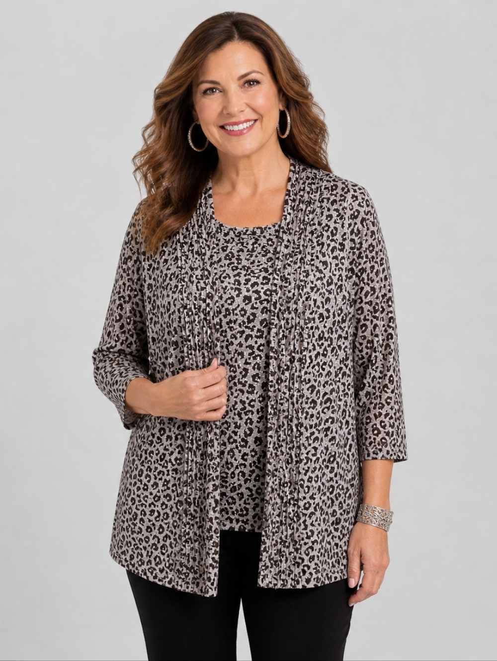 CHICO'S Travelers Size 2/Large Cheetah Print Pleated Ruffled Tank & Jacket